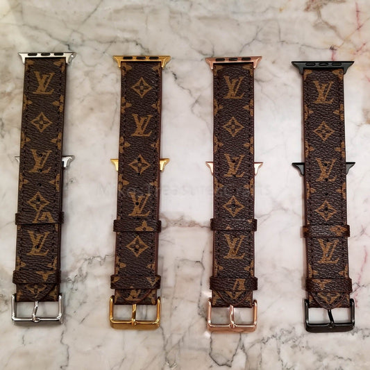 Elegant Brown Apple Watch LV Band with Small, Chic Print